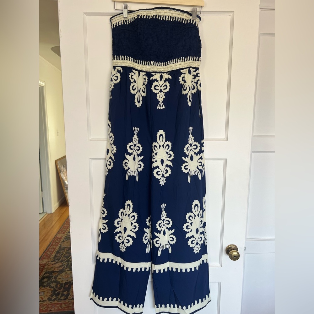 Elegant Navy and Cream Strapless Jumpsuit